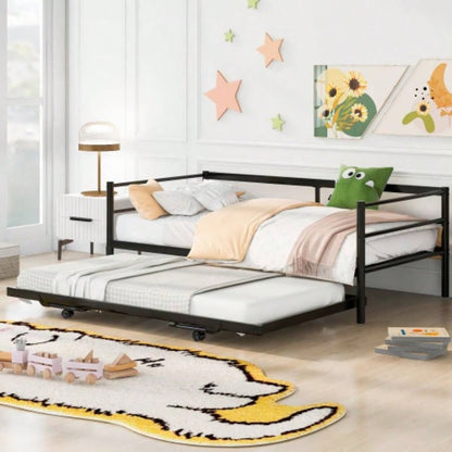 Twin Size Metal Daybed with Adjustable Trundle, Up Trundle, Silver