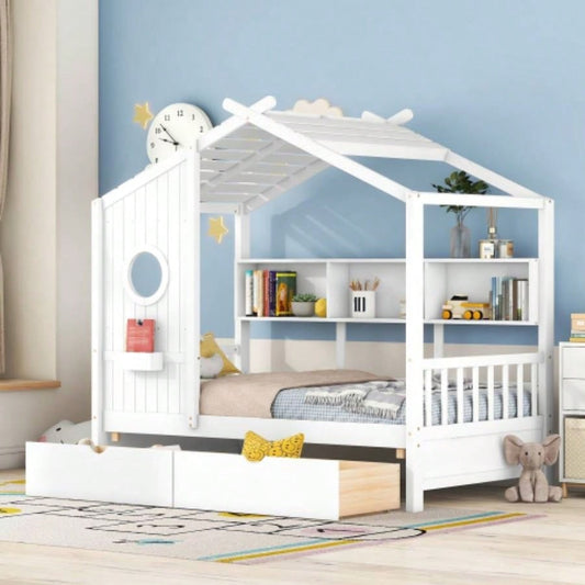 Wooden Twin Size House Bed with 2 Drawers, Kids Bed with Storage Shelf, WhiteOld SKU: HL000051AAK