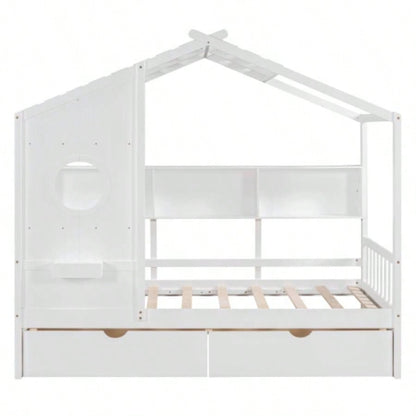 Wooden Twin Size House Bed with 2 Drawers, Kids Bed with Storage Shelf, WhiteOld SKU: HL000051AAK