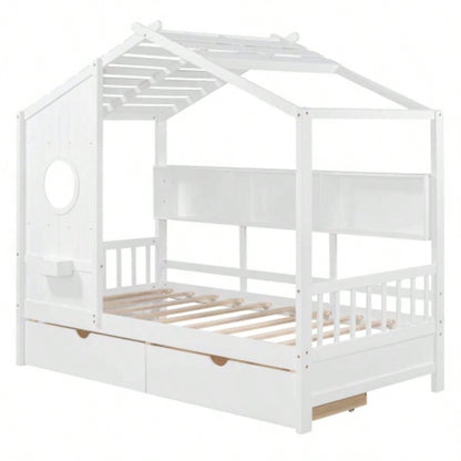 Wooden Twin Size House Bed with 2 Drawers, Kids Bed with Storage Shelf, WhiteOld SKU: HL000051AAK
