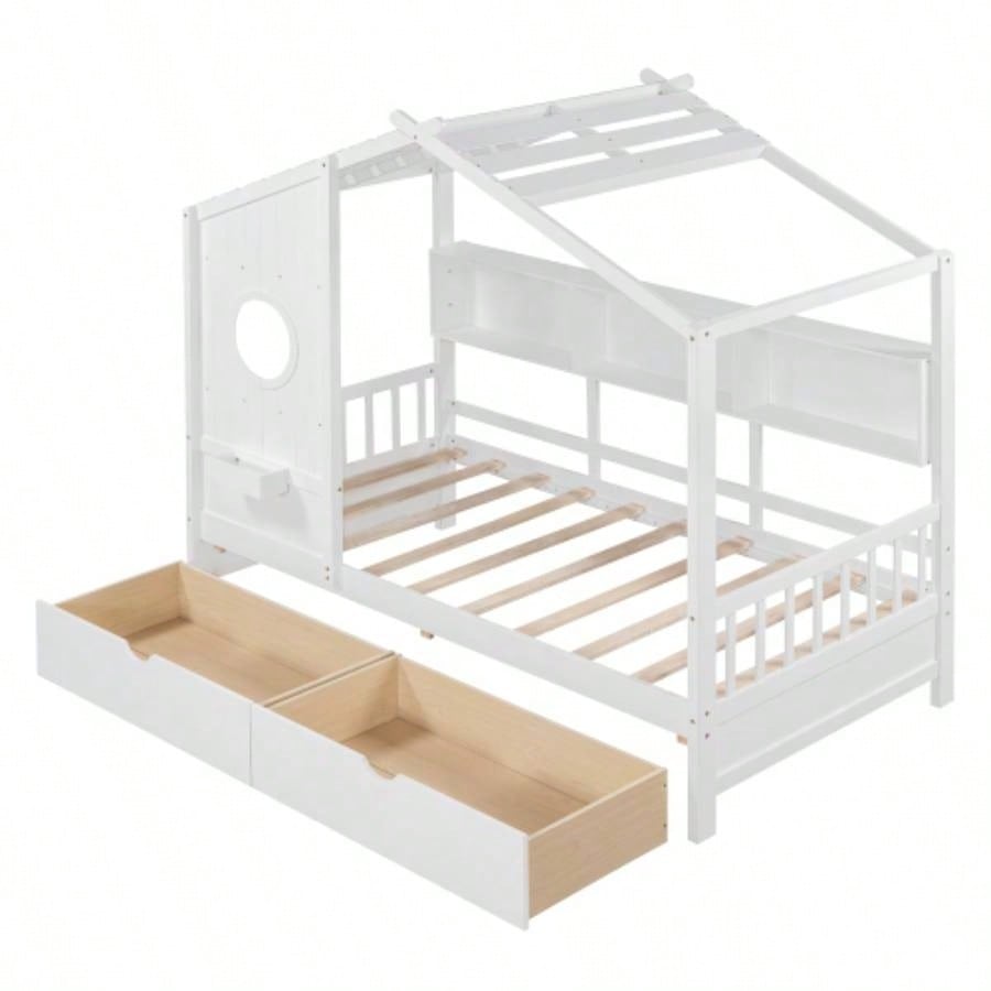 Wooden Twin Size House Bed with 2 Drawers, Kids Bed with Storage Shelf, WhiteOld SKU: HL000051AAK