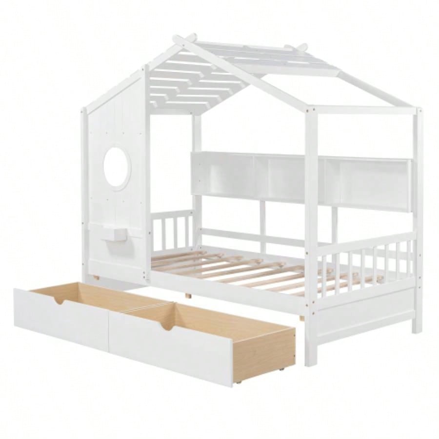 Wooden Twin Size House Bed with 2 Drawers, Kids Bed with Storage Shelf, WhiteOld SKU: HL000051AAK