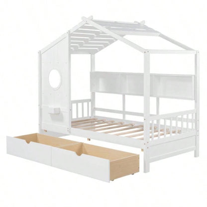 Wooden Twin Size House Bed with 2 Drawers, Kids Bed with Storage Shelf, WhiteOld SKU: HL000051AAK