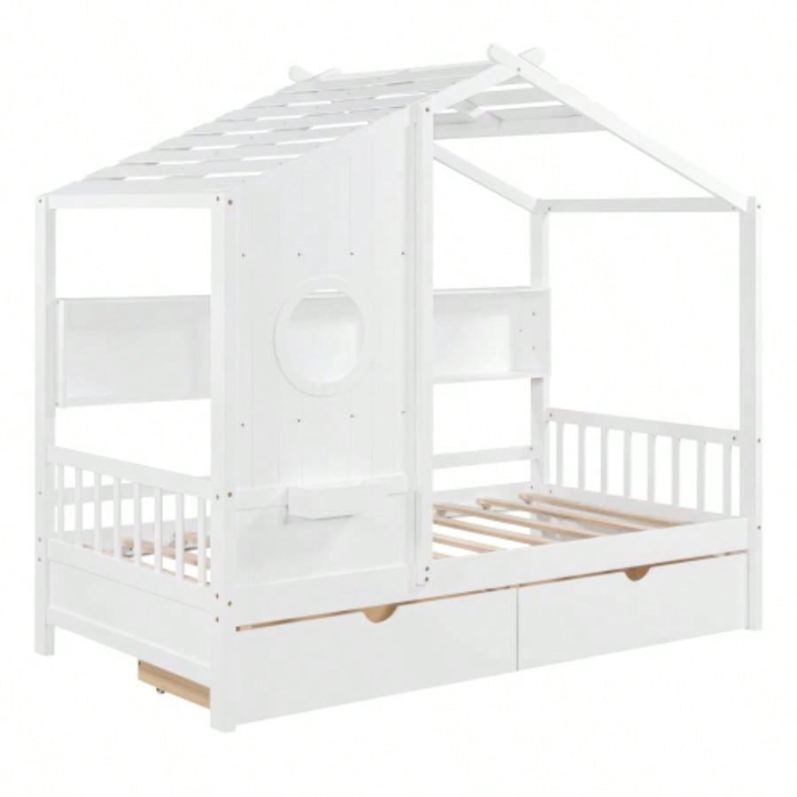 Wooden Twin Size House Bed with 2 Drawers, Kids Bed with Storage Shelf, WhiteOld SKU: HL000051AAK