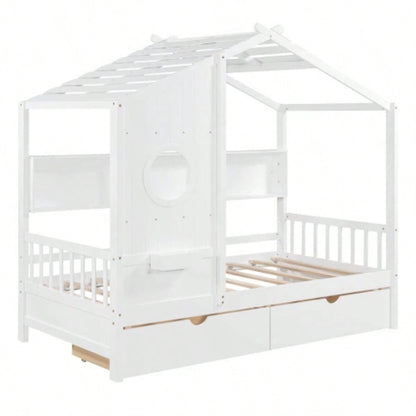 Wooden Twin Size House Bed with 2 Drawers, Kids Bed with Storage Shelf, WhiteOld SKU: HL000051AAK