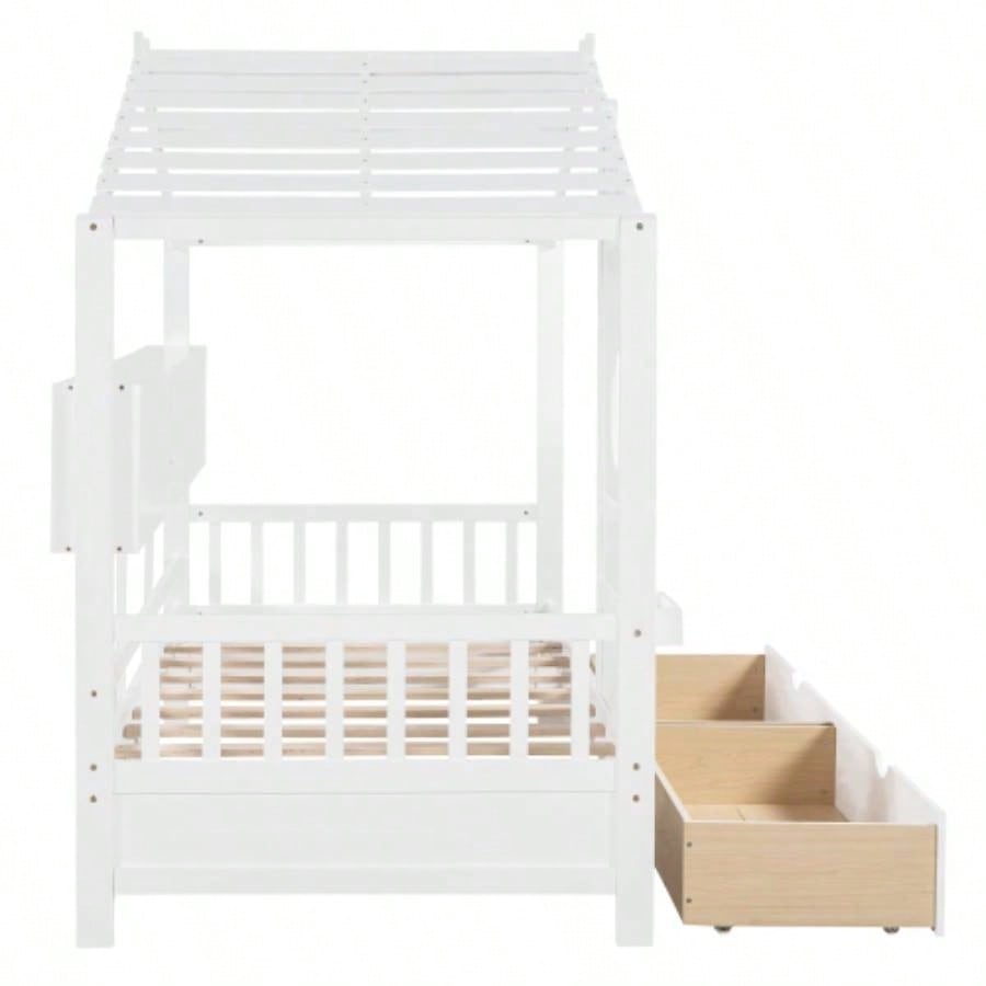Wooden Twin Size House Bed with 2 Drawers, Kids Bed with Storage Shelf, WhiteOld SKU: HL000051AAK