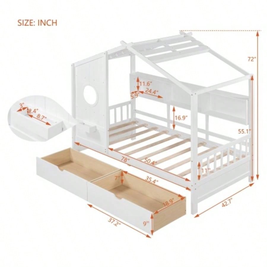 Wooden Twin Size House Bed with 2 Drawers, Kids Bed with Storage Shelf, WhiteOld SKU: HL000051AAK