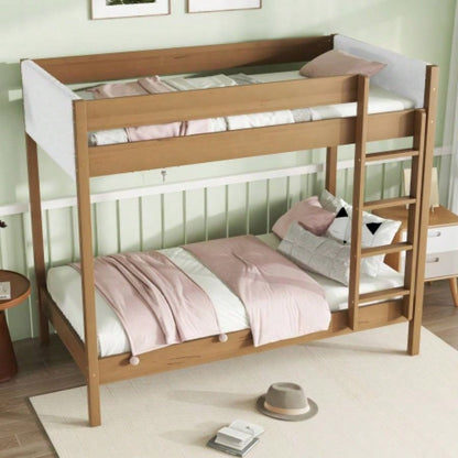 Twin Over Twin Bunk Bed with Boucle Upholstered Headboard and Footboard, Ladder, Safety Guardrails, Rubber Wooden Bunk Bed, Natural