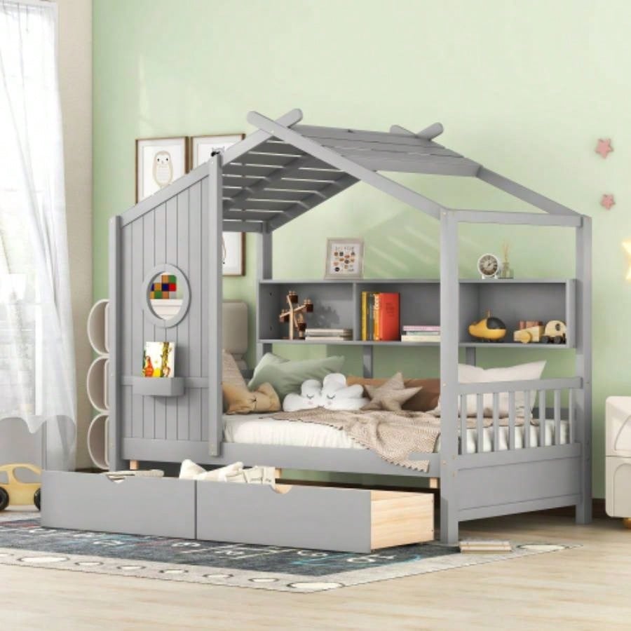 Wooden Twin Size House Bed with 2 Drawers, Kids Bed with Storage Shelf, WhiteOld SKU: HL000051AAK