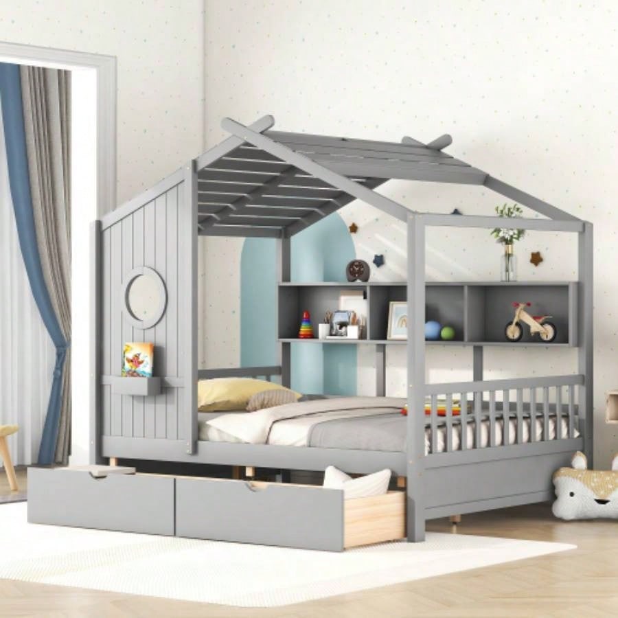 Wooden Twin Size House Bed with 2 Drawers, Kids Bed with Storage Shelf, WhiteOld SKU: HL000051AAK