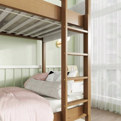Twin Over Twin Bunk Bed with Boucle Upholstered Headboard and Footboard, Ladder, Safety Guardrails, Rubber Wooden Bunk Bed, Natural