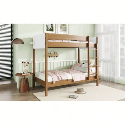 Twin Over Twin Bunk Bed with Boucle Upholstered Headboard and Footboard, Ladder, Safety Guardrails, Rubber Wooden Bunk Bed, Natural
