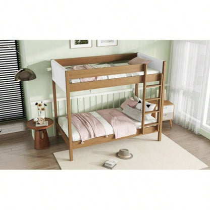 Twin Over Twin Bunk Bed with Boucle Upholstered Headboard and Footboard, Ladder, Safety Guardrails, Rubber Wooden Bunk Bed, Natural