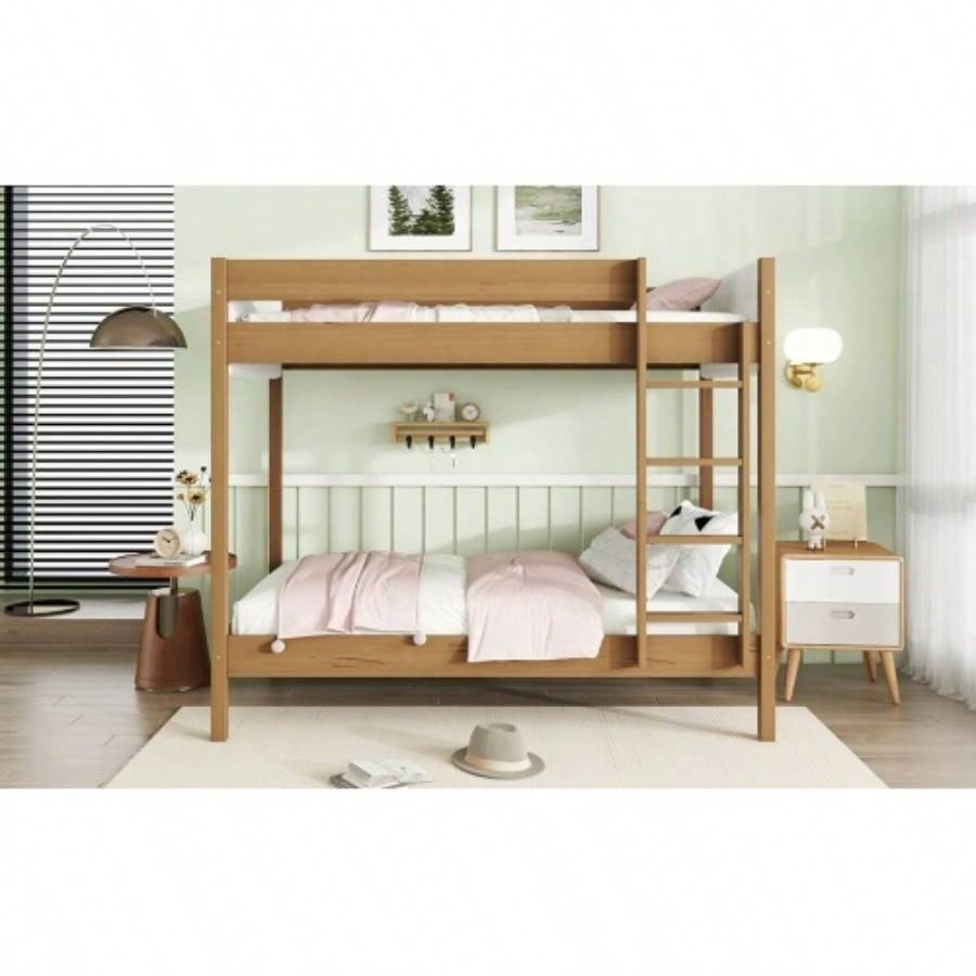 Twin Over Twin Bunk Bed with Boucle Upholstered Headboard and Footboard, Ladder, Safety Guardrails, Rubber Wooden Bunk Bed, Natural