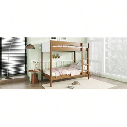 Twin Over Twin Bunk Bed with Boucle Upholstered Headboard and Footboard, Ladder, Safety Guardrails, Rubber Wooden Bunk Bed, Natural