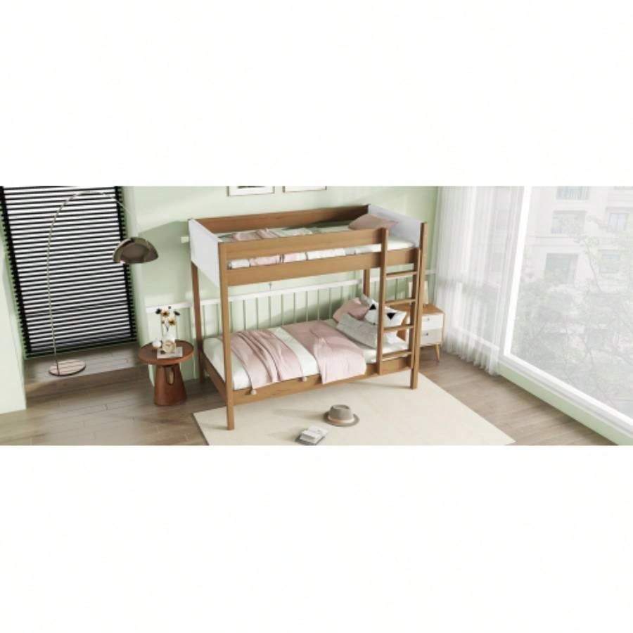 Twin Over Twin Bunk Bed with Boucle Upholstered Headboard and Footboard, Ladder, Safety Guardrails, Rubber Wooden Bunk Bed, Natural