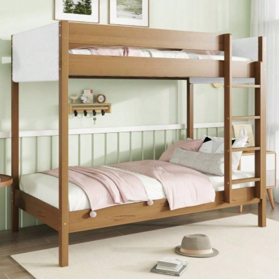 Twin Over Twin Bunk Bed with Boucle Upholstered Headboard and Footboard, Ladder, Safety Guardrails, Rubber Wooden Bunk Bed, Natural