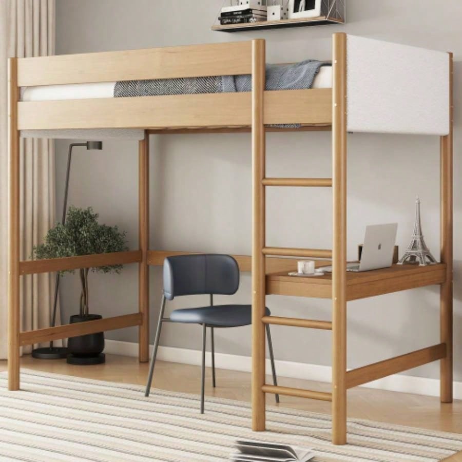 Twin Over Twin Bunk Bed with Boucle Upholstered Headboard and Footboard, Ladder, Safety Guardrails, Rubber Wooden Bunk Bed, Natural