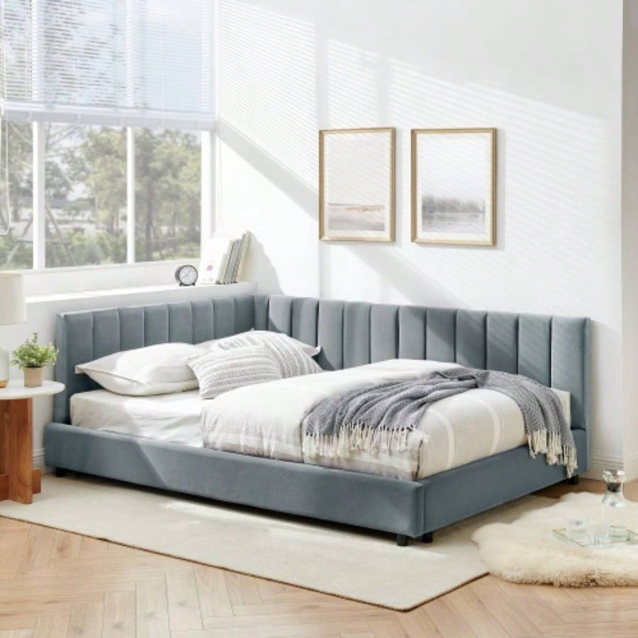 Full Size Upholstered Tufted Bed Frame, Sofa Bed Frame with Comfortable Backrest and Armrests, Full Size Bed Bedroom, Living Room, Velvet - Gray816029.5