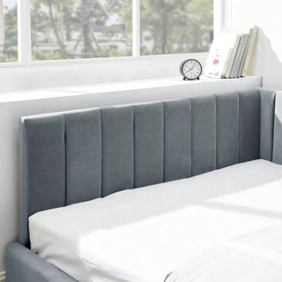 Full Size Upholstered Tufted Bed Frame, Sofa Bed Frame with Comfortable Backrest and Armrests, Full Size Bed Bedroom, Living Room, Velvet - Gray816029.5