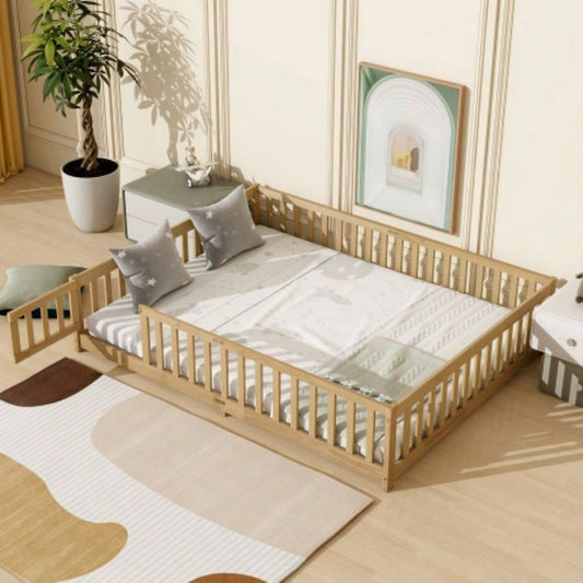 Size Floor Bed with Fence, Door, Rubber Wood Floor Bed with Safety Guardrails, Natural