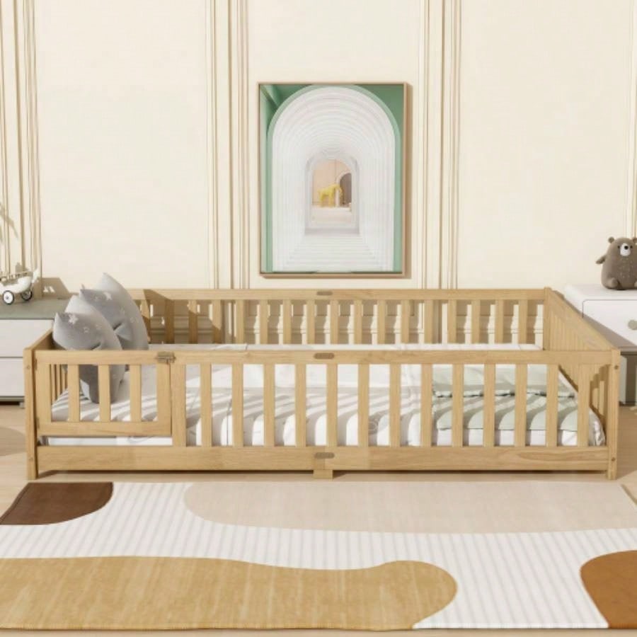 Size Floor Bed with Fence, Door, Rubber Wood Floor Bed with Safety Guardrails, Natural