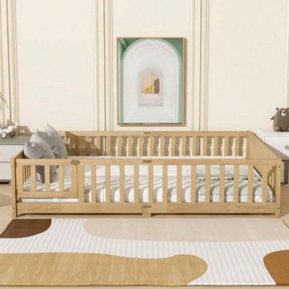 Size Floor Bed with Fence, Door, Rubber Wood Floor Bed with Safety Guardrails, Natural