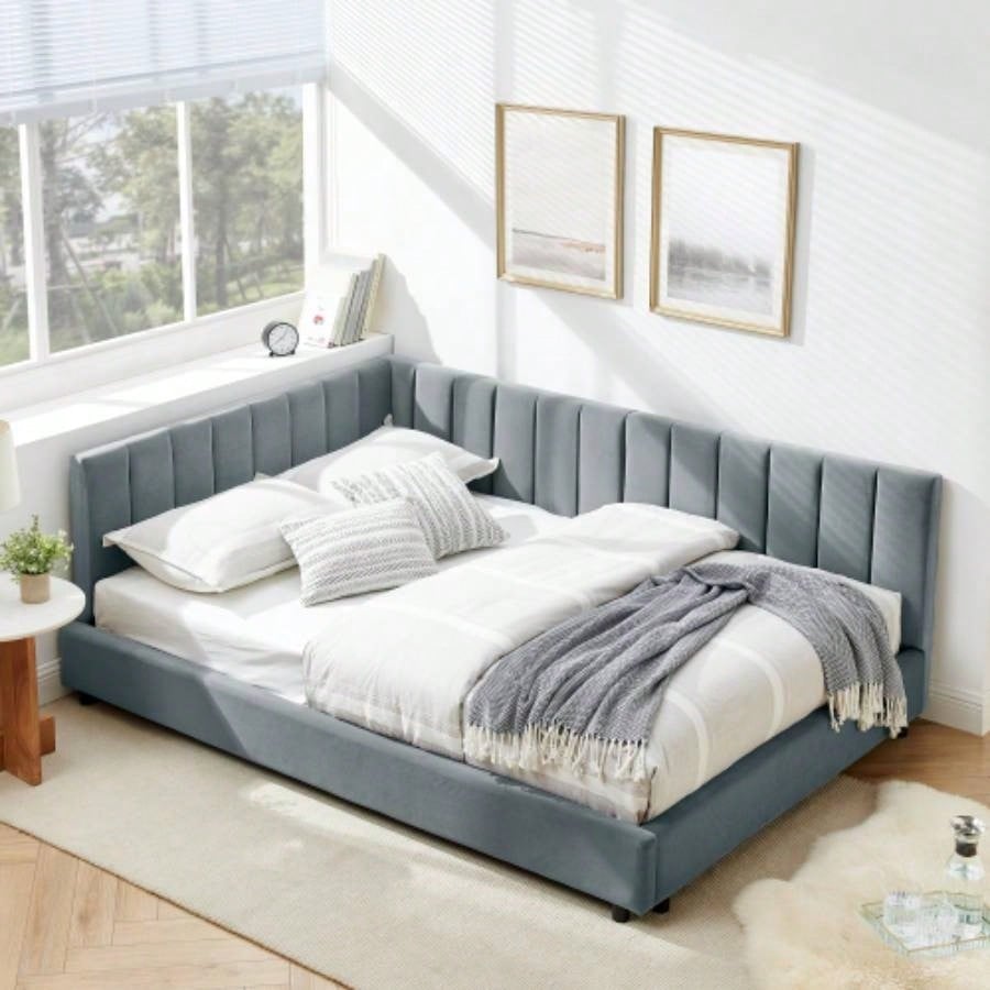 Full Size Upholstered Tufted Bed Frame, Sofa Bed Frame with Comfortable Backrest and Armrests, Full Size Bed Bedroom, Living Room, Velvet - Gray816029.5