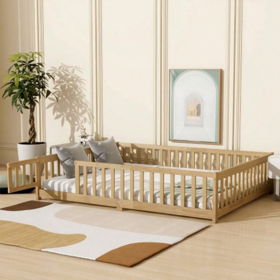 Size Floor Bed with Fence, Door, Rubber Wood Floor Bed with Safety Guardrails, Natural