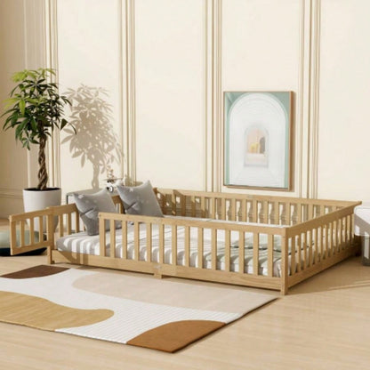 Size Floor Bed with Fence, Door, Rubber Wood Floor Bed with Safety Guardrails, Natural