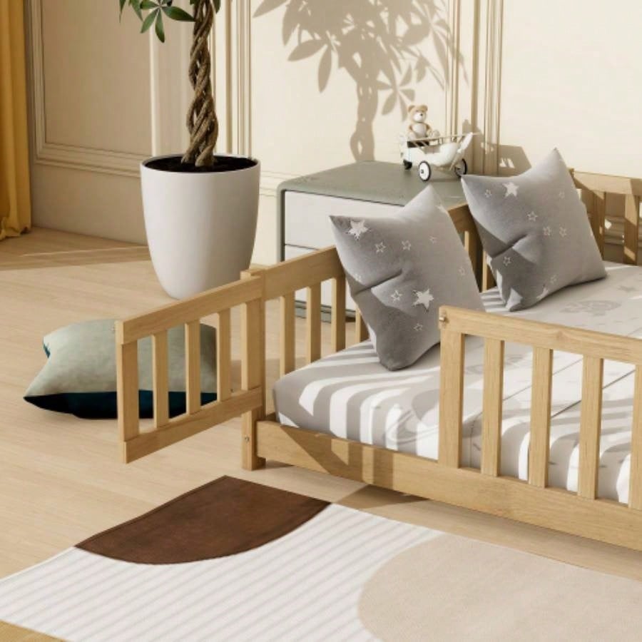 Size Floor Bed with Fence, Door, Rubber Wood Floor Bed with Safety Guardrails, Natural