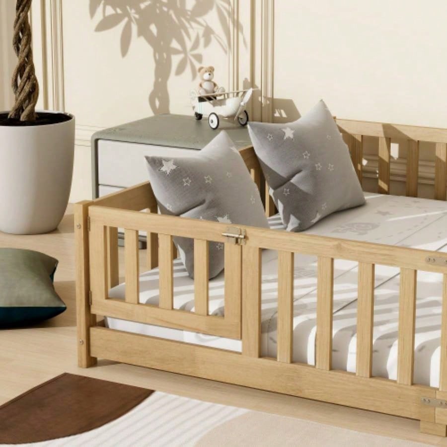 Size Floor Bed with Fence, Door, Rubber Wood Floor Bed with Safety Guardrails, Natural