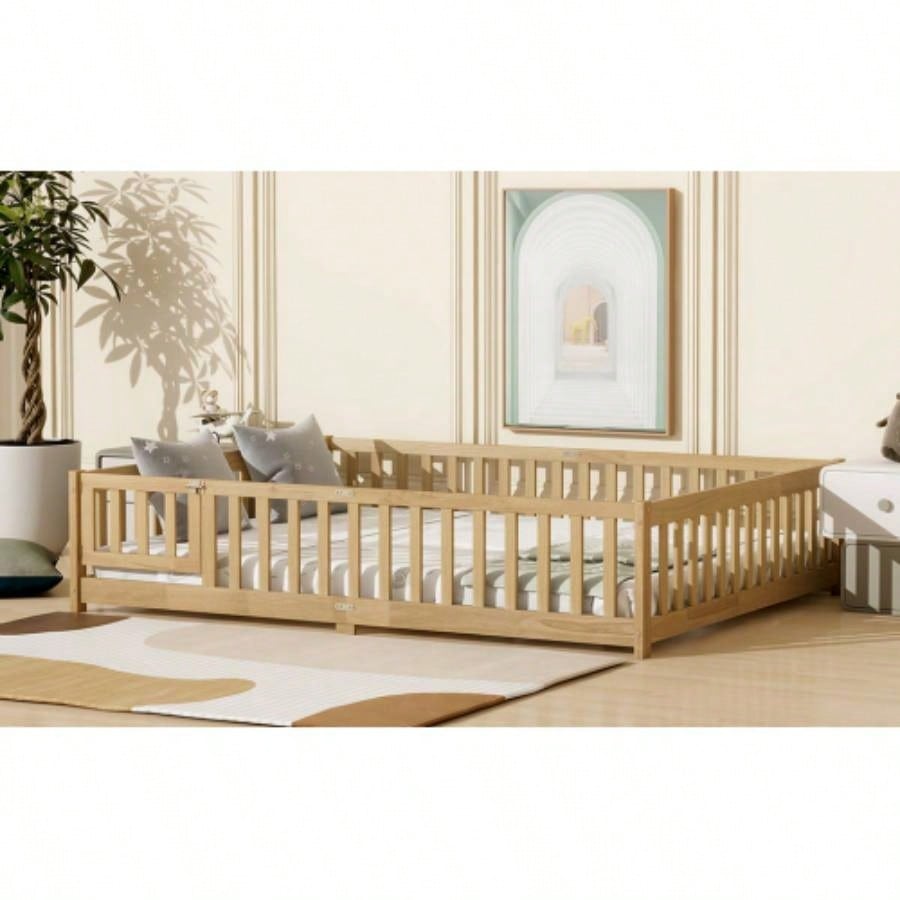 Size Floor Bed with Fence, Door, Rubber Wood Floor Bed with Safety Guardrails, Natural