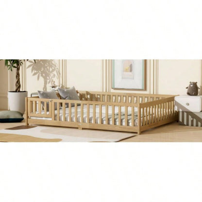 Size Floor Bed with Fence, Door, Rubber Wood Floor Bed with Safety Guardrails, Natural