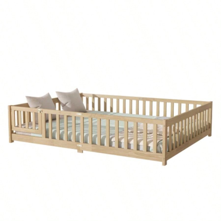 Size Floor Bed with Fence, Door, Rubber Wood Floor Bed with Safety Guardrails, Natural