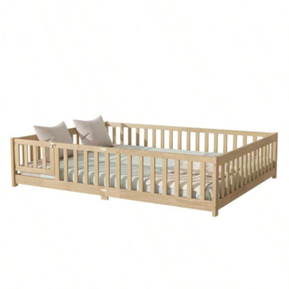 Size Floor Bed with Fence, Door, Rubber Wood Floor Bed with Safety Guardrails, Natural