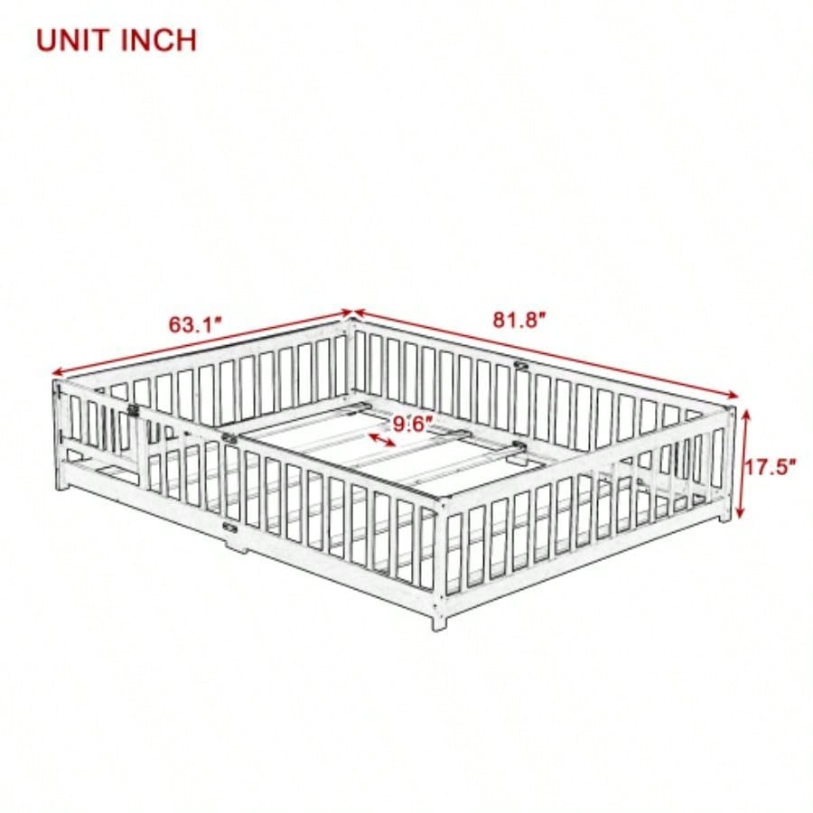 Size Floor Bed with Fence, Door, Rubber Wood Floor Bed with Safety Guardrails, Natural