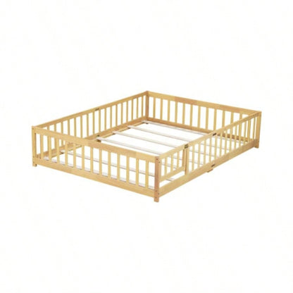 Size Floor Bed with Fence, Door, Rubber Wood Floor Bed with Safety Guardrails, Natural