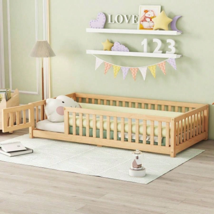 Twin Size Bed Floor Bed with Safety Guardrails and Door Kids, NaturalOld SKU: W158090686