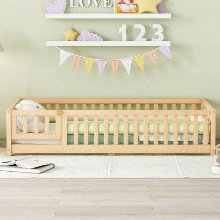 Twin Size Bed Floor Bed with Safety Guardrails and Door Kids, NaturalOld SKU: W158090686