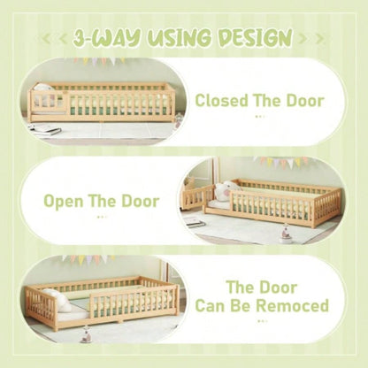 Twin Size Bed Floor Bed with Safety Guardrails and Door Kids, NaturalOld SKU: W158090686