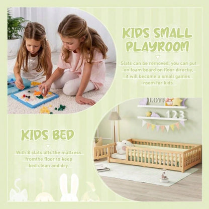 Twin Size Bed Floor Bed with Safety Guardrails and Door Kids, NaturalOld SKU: W158090686