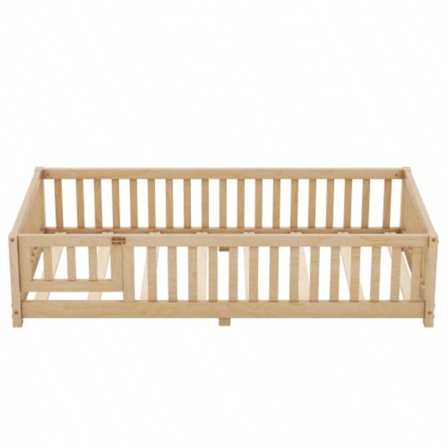 Twin Size Bed Floor Bed with Safety Guardrails and Door Kids, NaturalOld SKU: W158090686