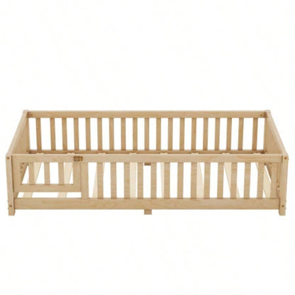 Twin Size Bed Floor Bed with Safety Guardrails and Door Kids, NaturalOld SKU: W158090686