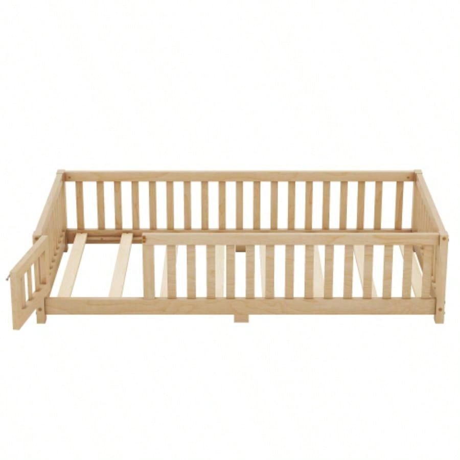 Twin Size Bed Floor Bed with Safety Guardrails and Door Kids, NaturalOld SKU: W158090686