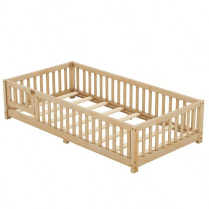 Twin Size Bed Floor Bed with Safety Guardrails and Door Kids, NaturalOld SKU: W158090686