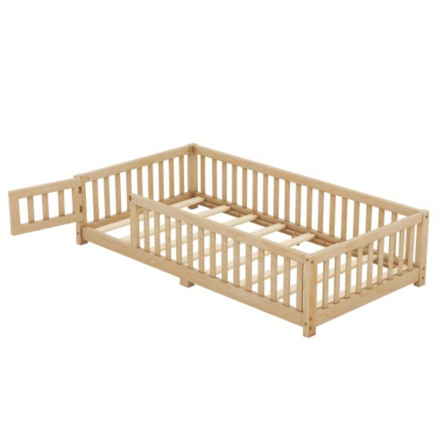 Twin Size Bed Floor Bed with Safety Guardrails and Door Kids, NaturalOld SKU: W158090686