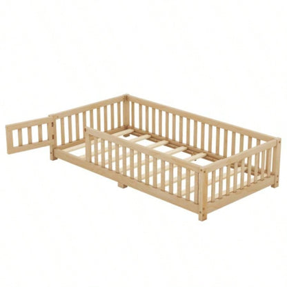Twin Size Bed Floor Bed with Safety Guardrails and Door Kids, NaturalOld SKU: W158090686