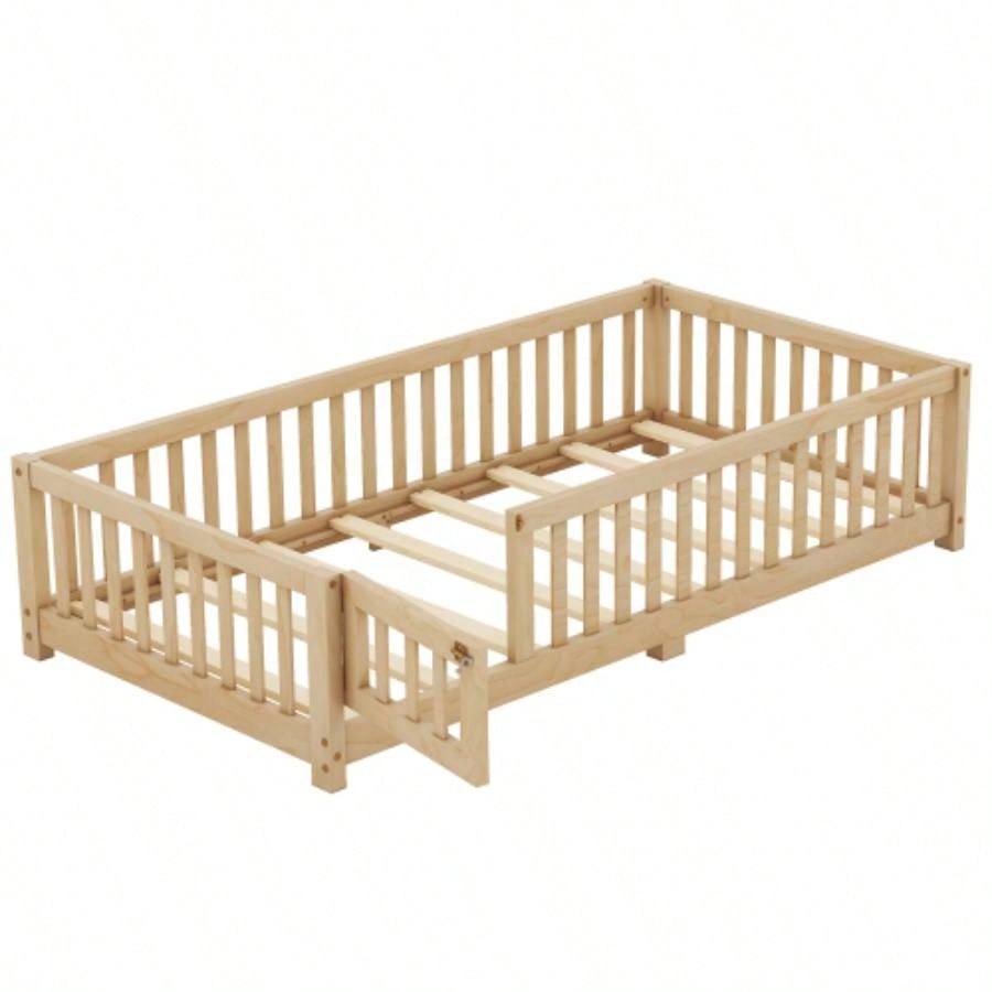 Twin Size Bed Floor Bed with Safety Guardrails and Door Kids, NaturalOld SKU: W158090686