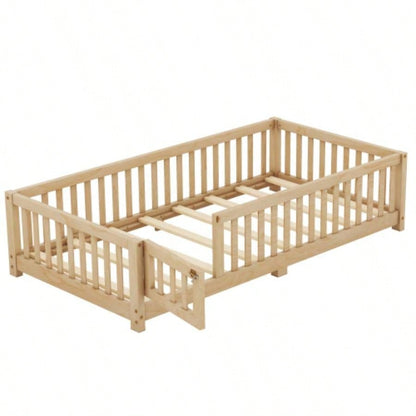 Twin Size Bed Floor Bed with Safety Guardrails and Door Kids, NaturalOld SKU: W158090686